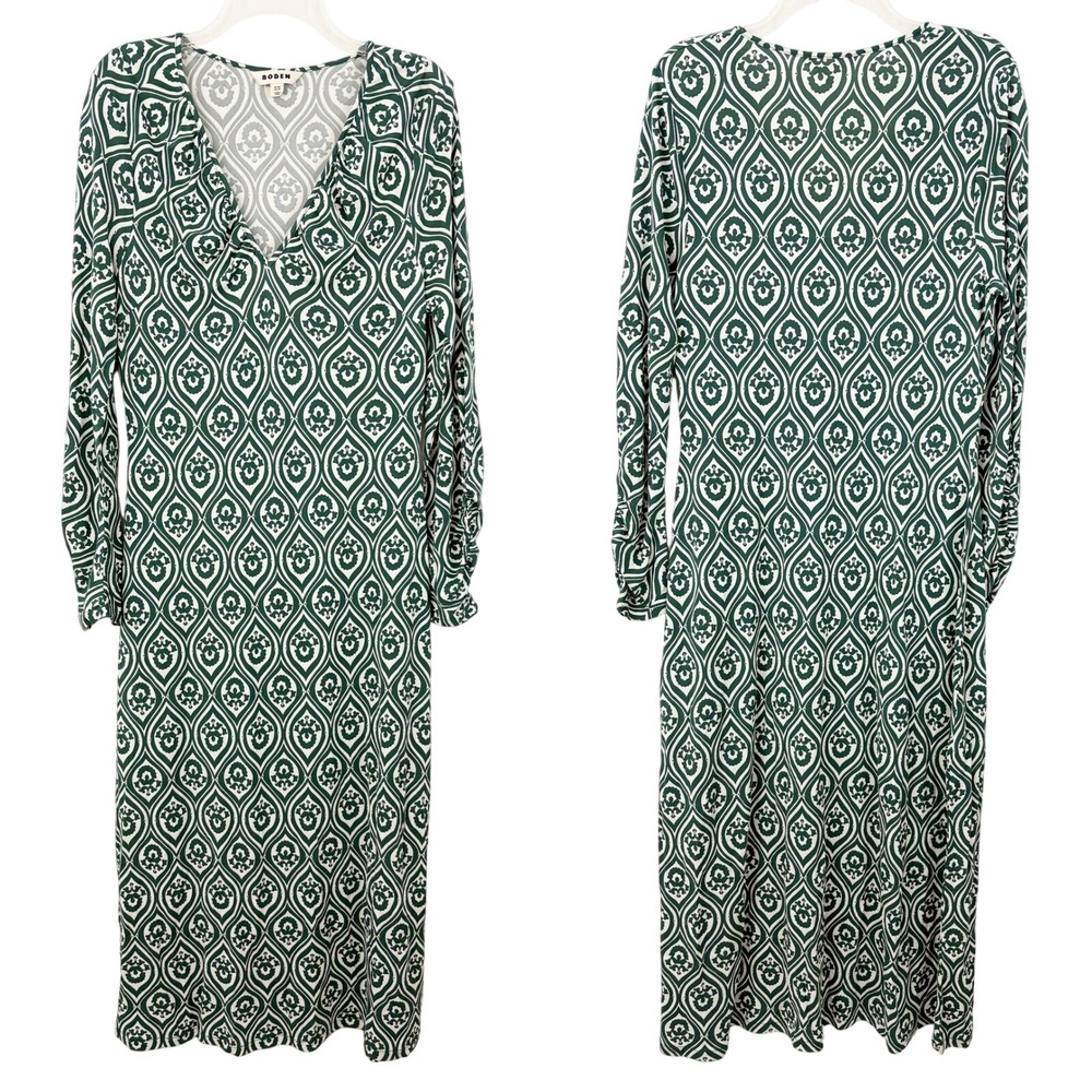 Boden V-Neck‎ Jersey Maxi Dress Size 14R Green White Long Sleeve Casual D0609
